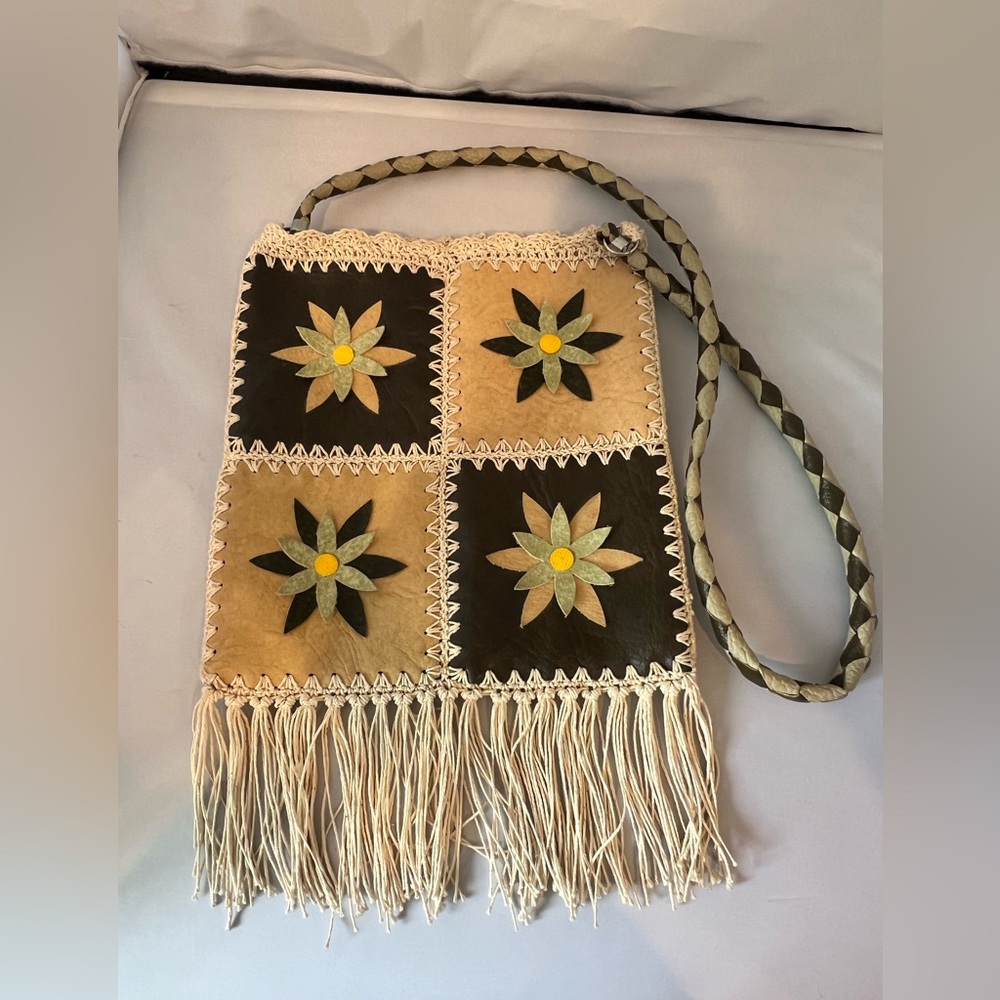 Floral Patchwork Fringe Bag - Tan and Brown